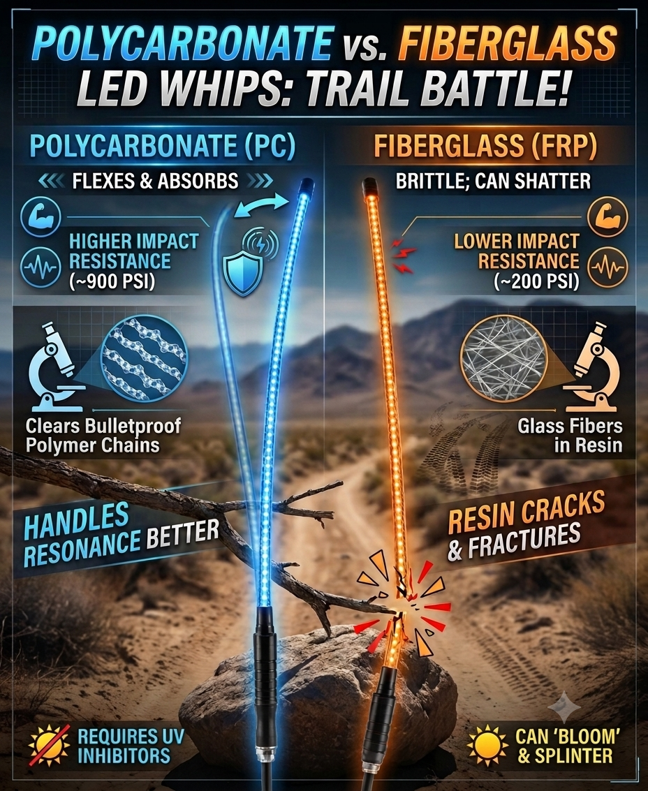 Polycarbonate vs. Fiberglass LED Whips: Which Material Survives the Trail?