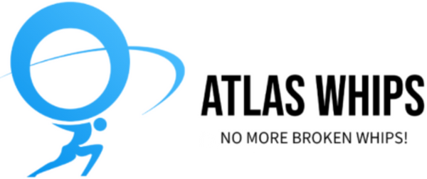 Logo of Atlas Whips with a blue silhouette of a person holding the world on a shoulders